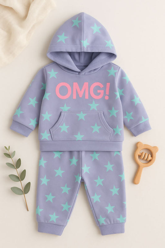 Kids Unisex Purple Hoodie Set & 100% Cotton – Bold "OMG!" Print | Star Pattern Comfort