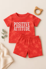 Infants Unisex Red Tie-Dye "Positive Attitude" T-Shirt and Shorts Set – Comfortable Baby Outfit