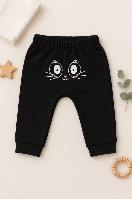 Kids Unisex Black Cat Face Graphic Jogger Pants – 100% Cotton, Soft & Playful