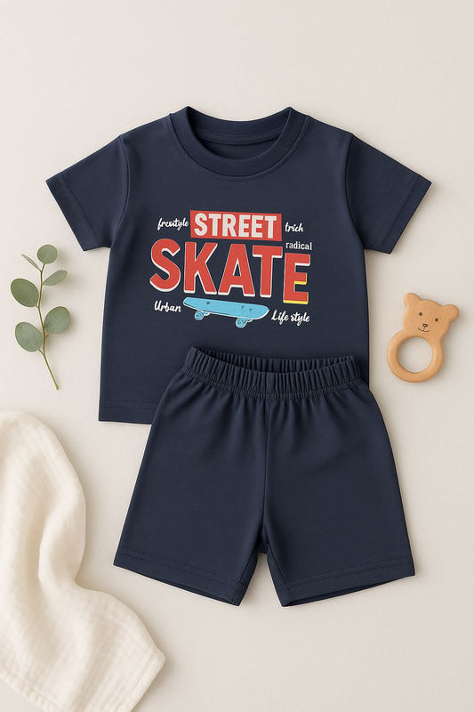 Kids Unisex Navy "Street Skate" T-Shirt & Shorts Set – 100% Cotton, Comfortable & Stylish