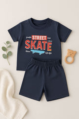 Kids Unisex Navy "Street Skate" T-Shirt & Shorts Set – 100% Cotton, Comfortable & Stylish