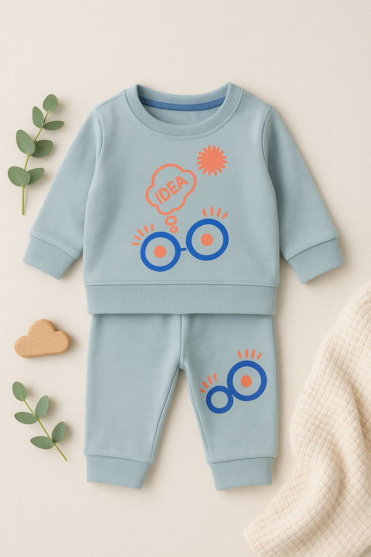 Kids Unisex Light Blue "Idea Glasses" Sweatshirt & Jogger Set – 100% Cotton, Soft & Creative
