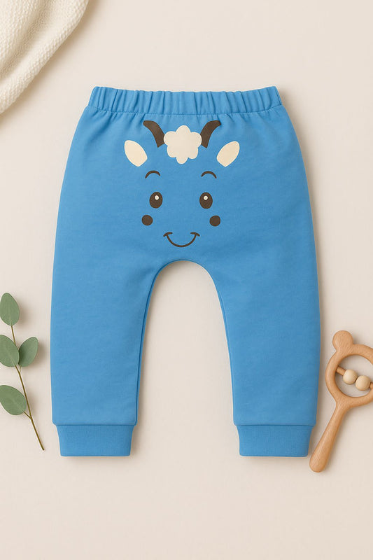 Kids Blue Goat Face Graphic Jogger Pants – 100% Cotton, Soft & Playful