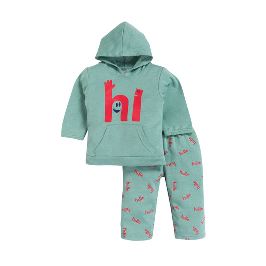 Kids Unisex Green Hoodie Set & 100% Cotton – Fun 'Hi' & 'Hello' Print | Comfortable Loungewear