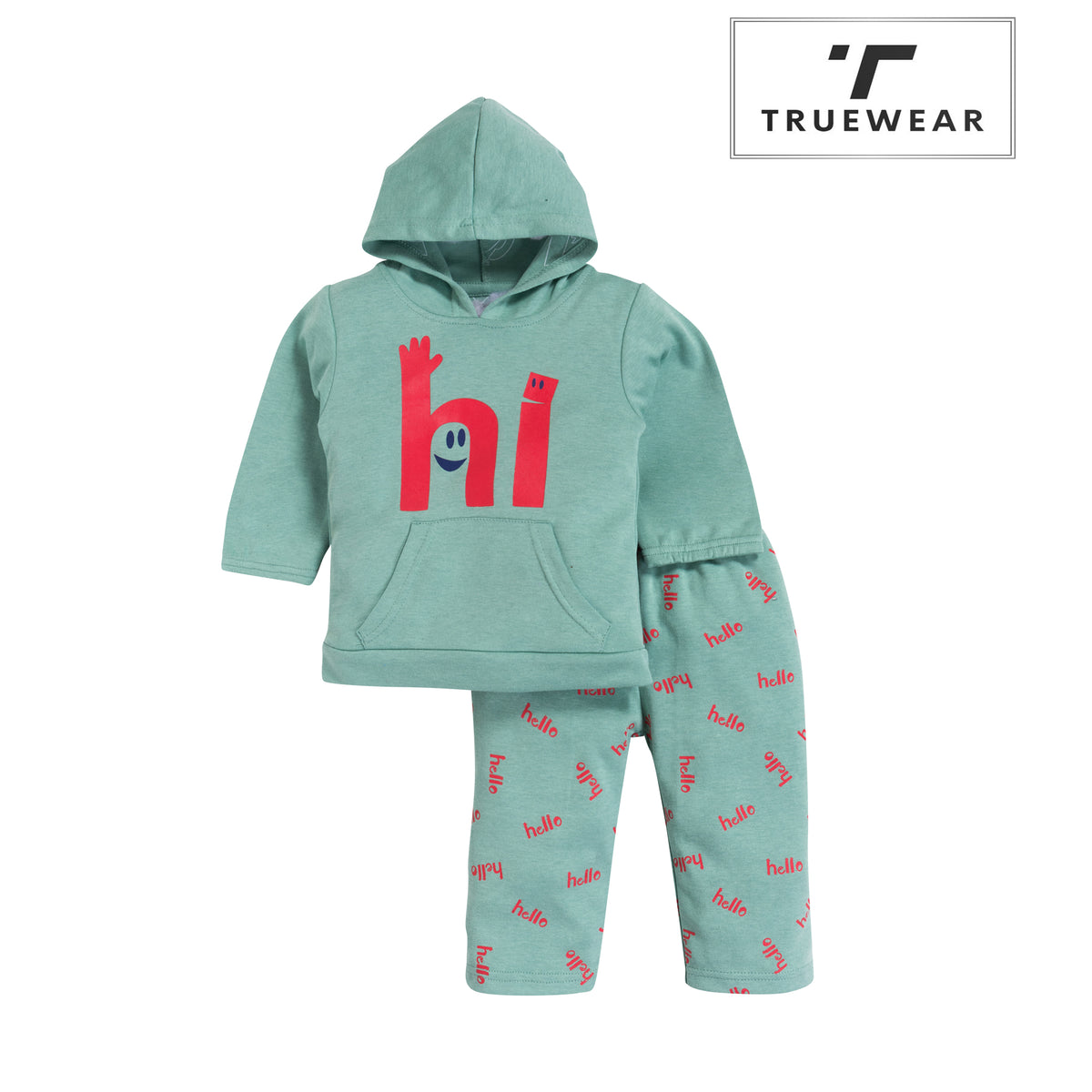 Kids Unisex Green Hoodie Set & 100% Cotton – Fun 'Hi' & 'Hello' Print | Comfortable Loungewear