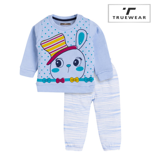 Girl's Cute Bunny Blue Sweat Top and Bottom Pyjama Set.