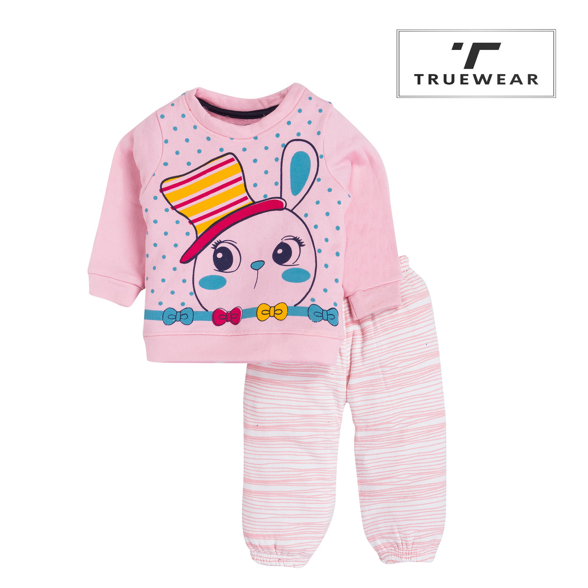 Girl's Cute Bunny Sweat Top and Bottom Pyjama Set - 100% Cotton (Pink)