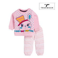 Girl's Cute Bunny Sweat Top and Bottom Pyjama Set - 100% Cotton (Pink)