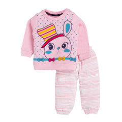 Girl's Cute Bunny Sweat Top and Bottom Pyjama Set - 100% Cotton (Pink)