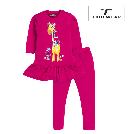 Girls' Pink Giraffe Frock and Leggings Set—100% Cotton