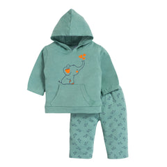 Kids Unisex Green Elephant Hoodie Set | Adorable & Comfortable Loungewear, 100% Cotton