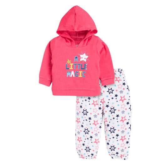 Girl's Pink "A Little Magic" Hoodie & Star Print Jogger Set, 100% Cotton