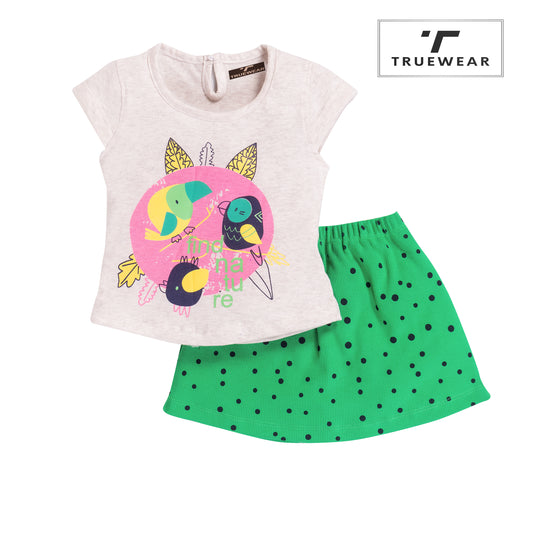 Girl's Bird Print T-Shirt & Green Polka Dot Skirt Set, 100% Cotton
