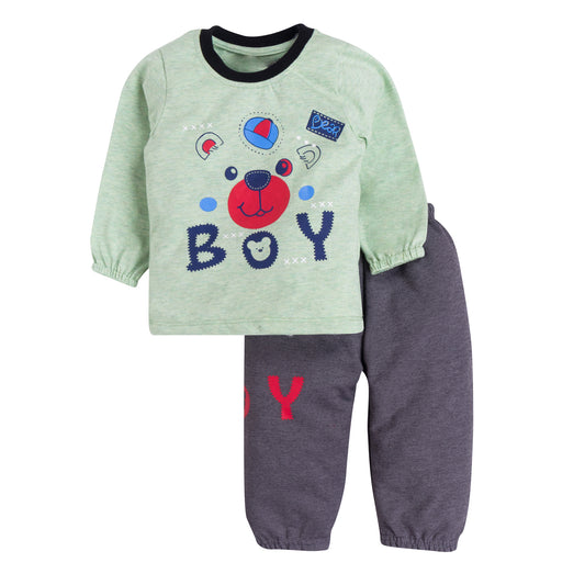 Boy's Green Bear "BOY" Sweat Top & Bottom Set, 100% Cotton