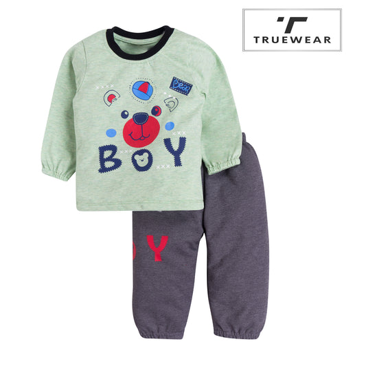 Boy's Green Bear "BOY" Sweat Top & Bottom Set, 100% Cotton