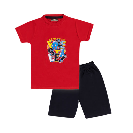Boy's  Red "Skate Freestyle" T-Shirt & Black Shorts Set, 100% Cotton