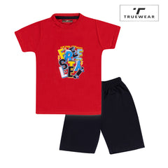 Boy's  Red "Skate Freestyle" T-Shirt & Black Shorts Set, 100% Cotton