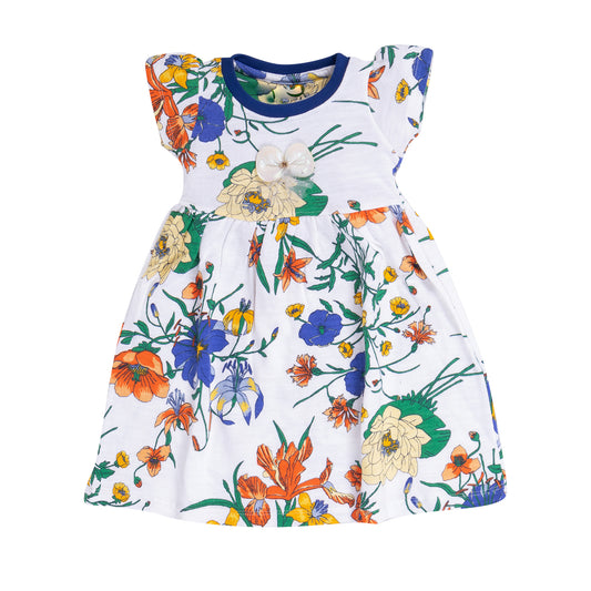 Girl's White Floral "Bow" Graphic Frock – 100% Cotton, Soft & Stylish