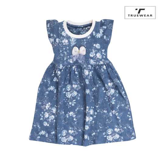 Girl's Blue Floral "Bow" Graphic Frock – 100% Cotton, Cute & Comfortable