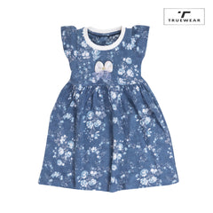 Girl's Blue Floral "Bow" Graphic Frock – 100% Cotton, Cute & Comfortable