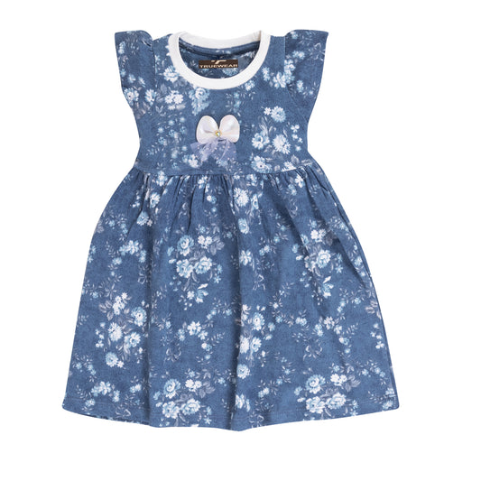 Girl's Blue Floral "Bow" Graphic Frock – 100% Cotton, Cute & Comfortable