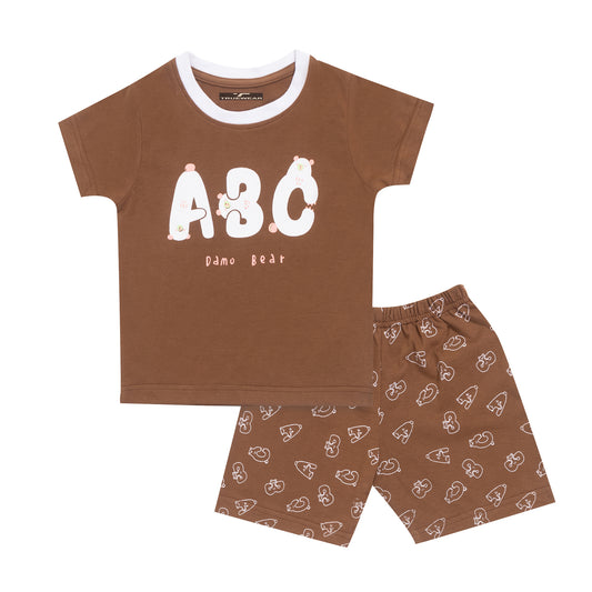 Kid's Unisex Brown "ABC Damo Bear" Graphic T-Shirt & Shorts Set – 100% Cotton, Cute & Comfortable