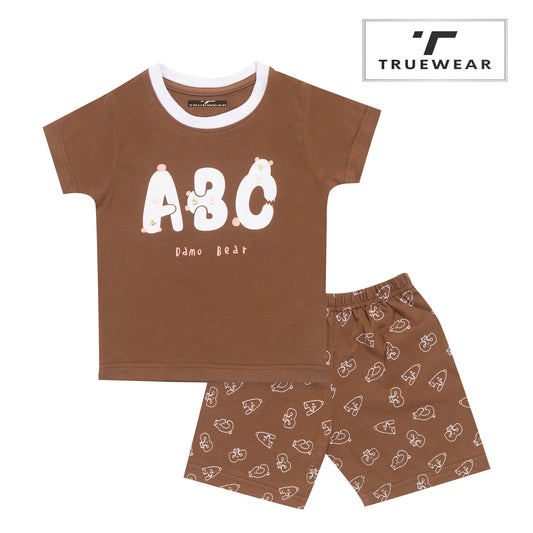 Kid's Unisex Brown "ABC Damo Bear" Graphic T-Shirt & Shorts Set – 100% Cotton, Cute & Comfortable