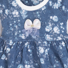 Girl's Blue Floral "Bow" Graphic Frock – 100% Cotton, Cute & Comfortable