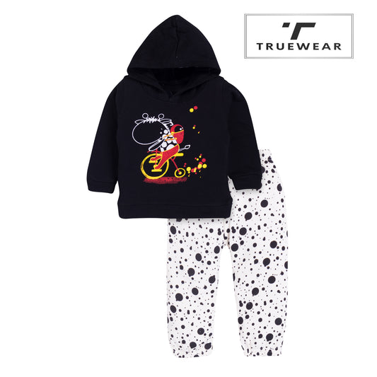Girls Black Bike Graphic Hoodie & Jogger Set – 100% Cotton, Trendy & Comfortable