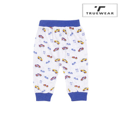 Kid's Unisex White/Blue Car Print Graphic Jogger Pants – 100% Cotton, Soft & Stylish