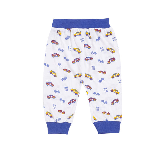 Kid's Unisex White/Blue Car Print Graphic Jogger Pants – 100% Cotton, Soft & Stylish