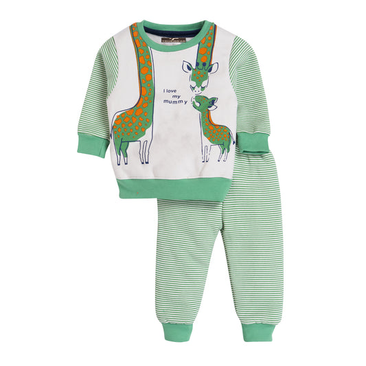 Kids Unisex Green "I Love My Mummy" Giraffe Print Pyjamas Set, 100% Cotton