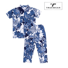 Kids Unisex Blue Floral Print Night suit, 100% Cotton