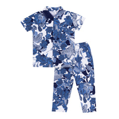 Kids Unisex Blue Floral Print Night suit, 100% Cotton