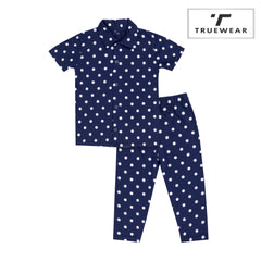 Kids Unisex Navy Polka Dot Night suit, 100% Cotton