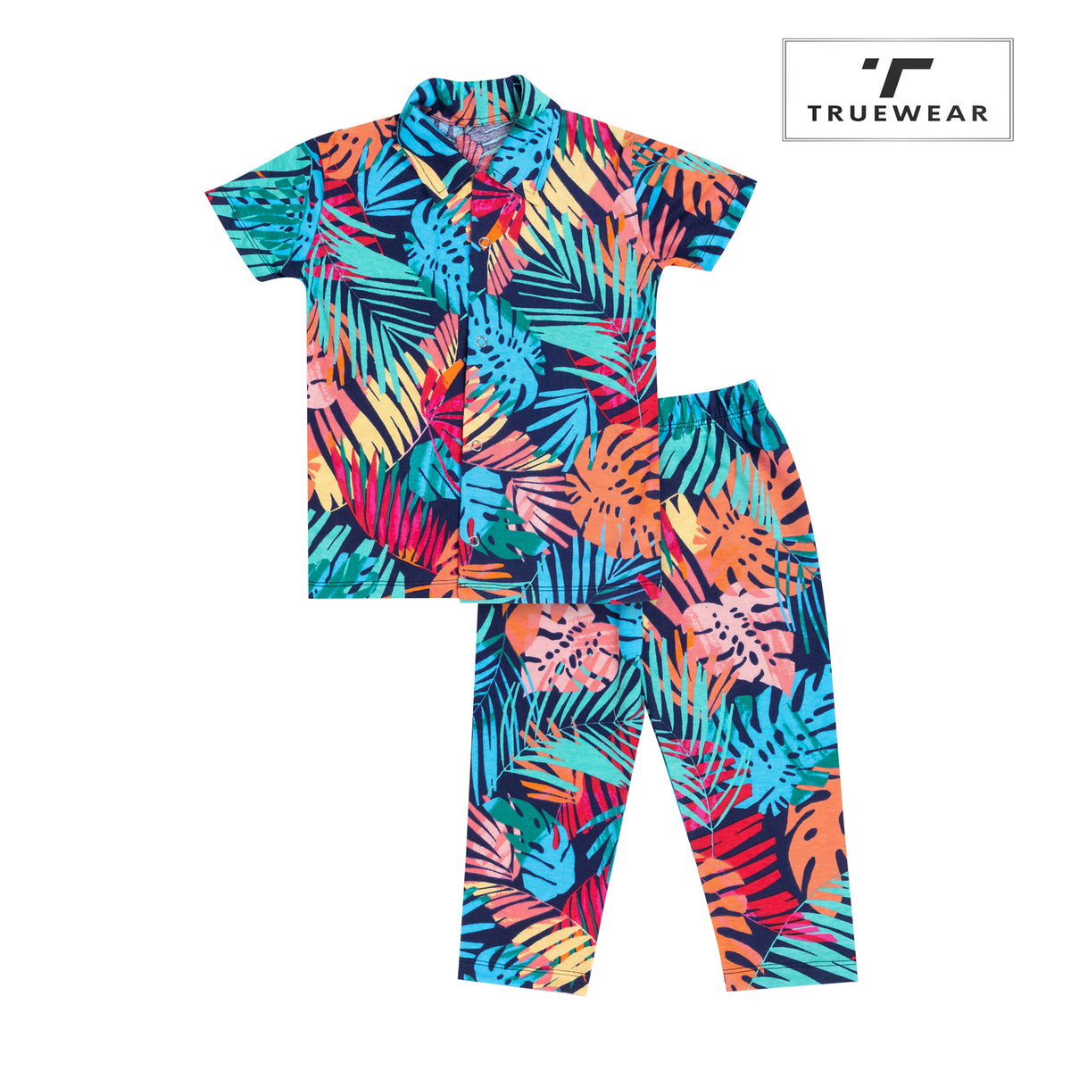 Kids Unisex Tropical Leaf Print Nightsuit, 100% Cotton