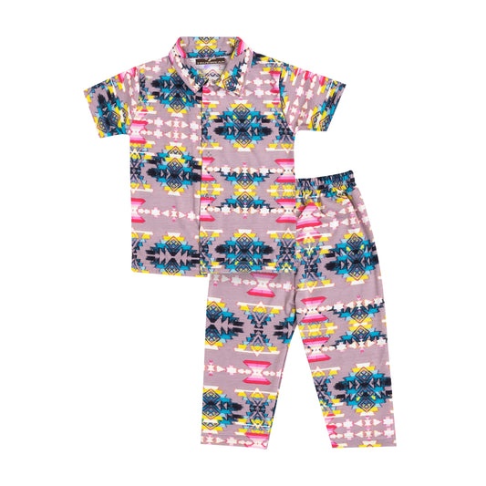 Kids Unisex Multicolour Geometric Print Nightsuit, 100% Cotton