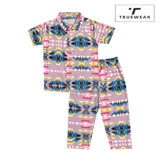 Kids Unisex Multicolour Geometric Print Nightsuit, 100% Cotton
