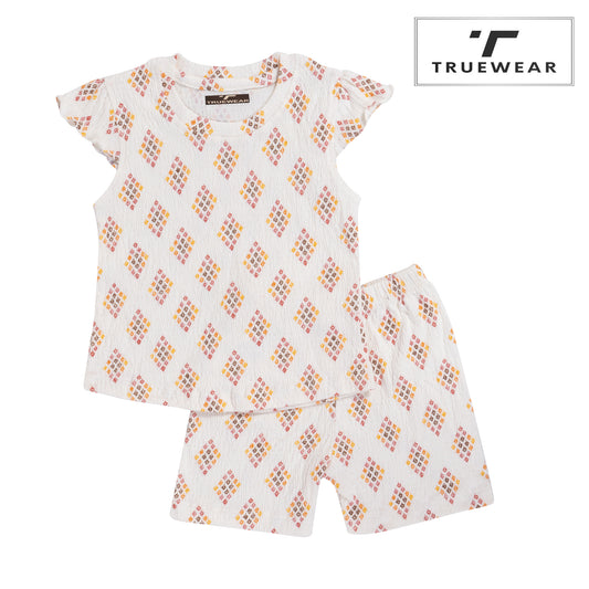 Girl's White Diamond Print Top & Shorts Set, 100% Cotton