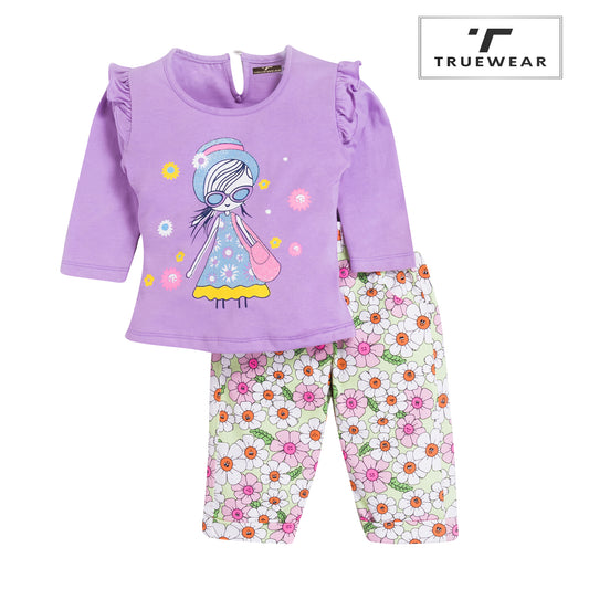 Girl's Purple Floral Print Top & Capree Set, 100% Cotton