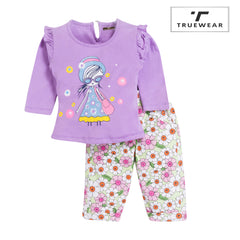 Girl's Purple Floral Print Top & Capree Set, 100% Cotton