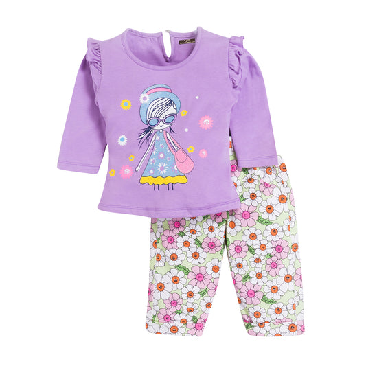 Girl's Purple Floral Print Top & Capree Set, 100% Cotton
