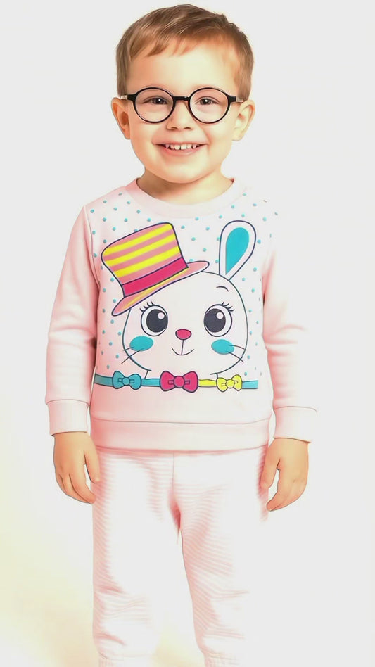 Girl's Cute Bunny Sweat Top and Bottom Pyjama Set - 100% Cotton (Pink)