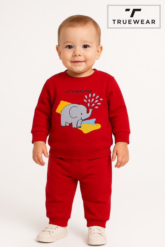 Kid's Unisex Red "Let's Have Fun!" Elephant Graphic Sweatshirt & Jogger Set – 100% Cotton, Cozy & Playful